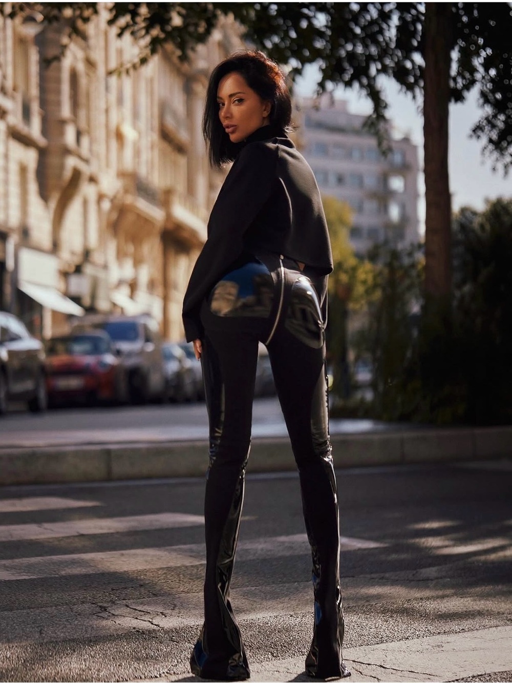 Black Patent-Trim Boot Cut Pants